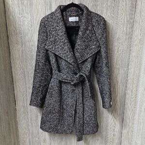 Calvin Klein Belted Chevron Herringbone Wool Blend Wrap Coat Womens XL